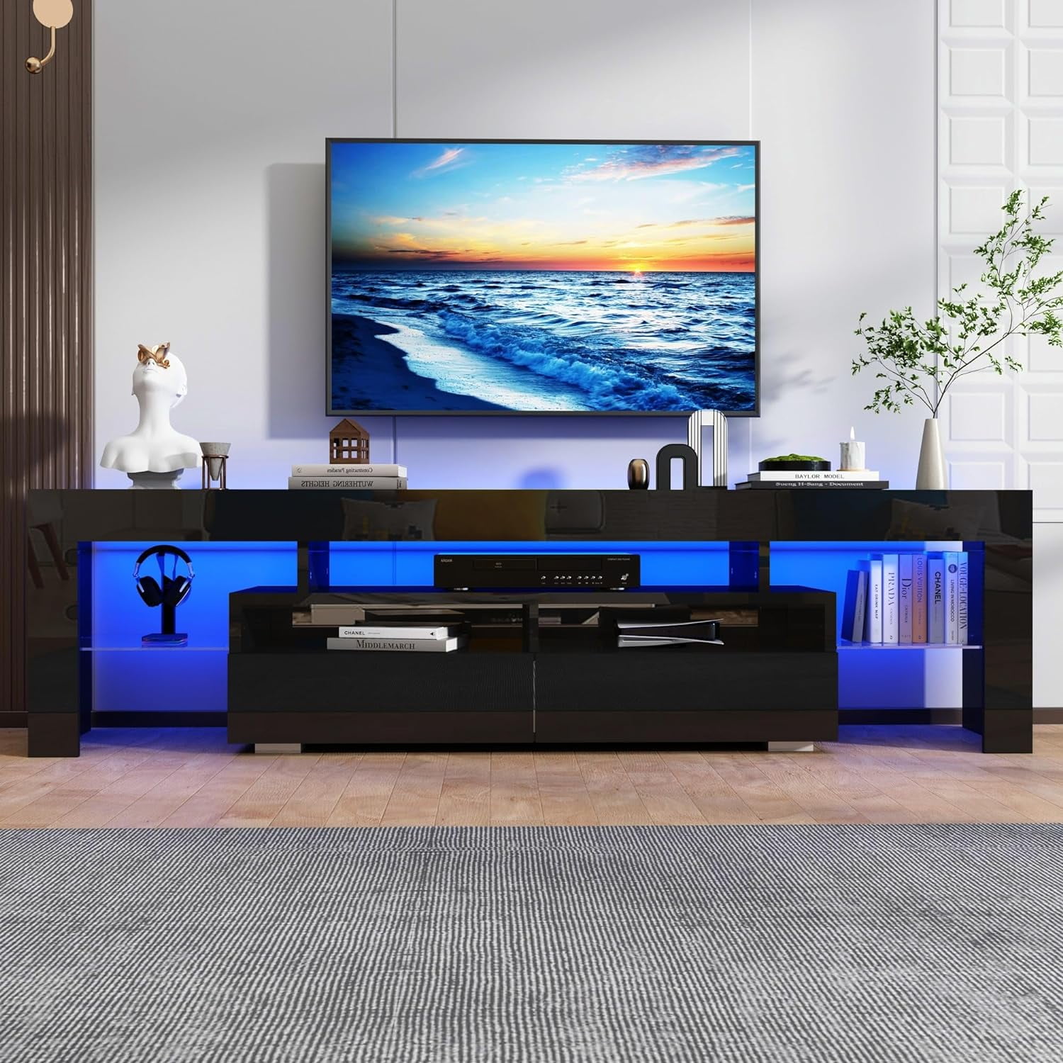 ChVans LED TV Stand for 65/75/85 inch TV, High Glossy Modern Entertainment Center with Drawer and LED Lights(Black)