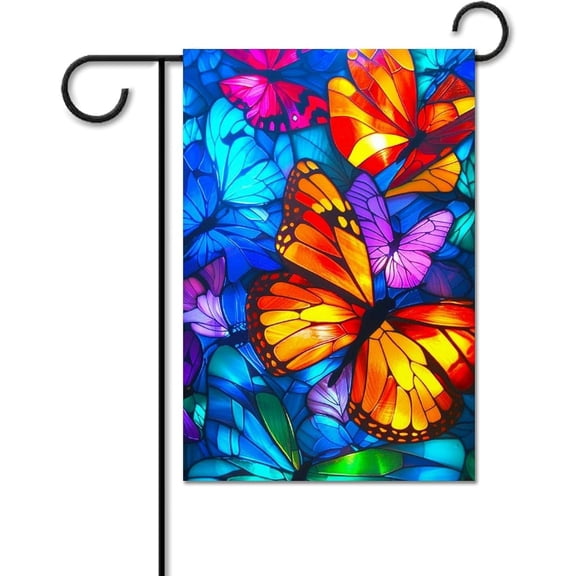 Butterflies Garden Flag Stained Glass Effect Luminous Colors Double Sided Outdoor Yard Decor 12 x 18 Inch