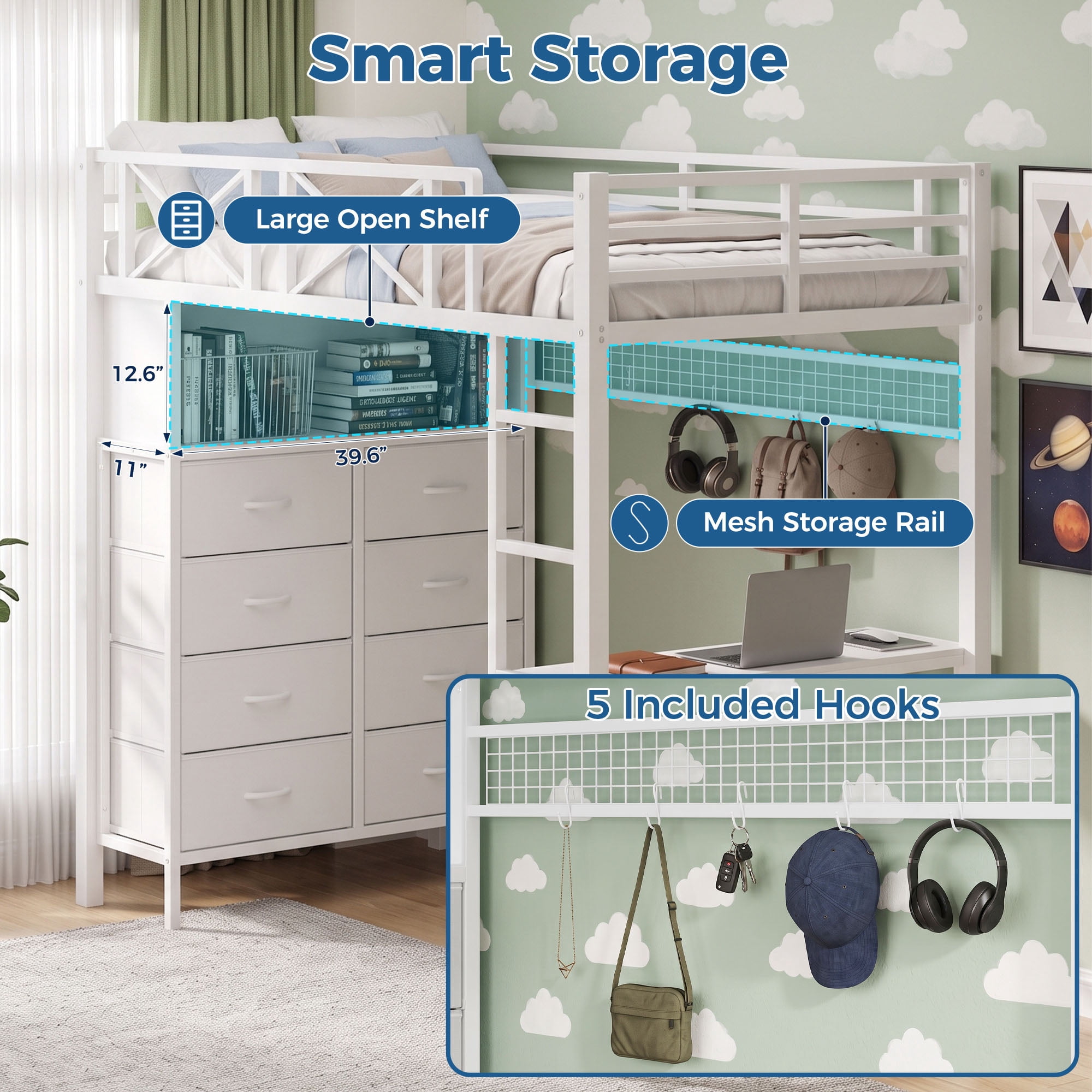 Miniyam Twin Metal Loft Bed with Desk and 8 Drawers Storage,USB Charage and LED Light,White