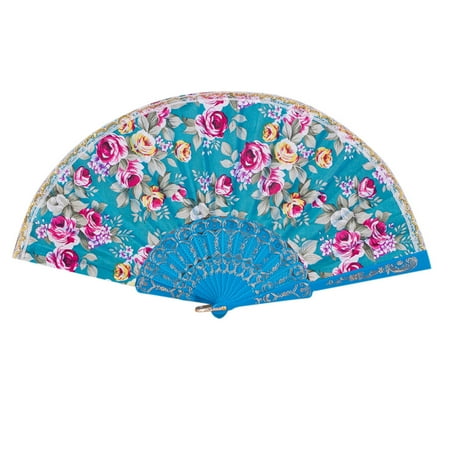 

LYCAQL Paper Fans Rose Pattern Folding Dance Wedding Party Lace Silk Folding Hand Held Flower Fan
