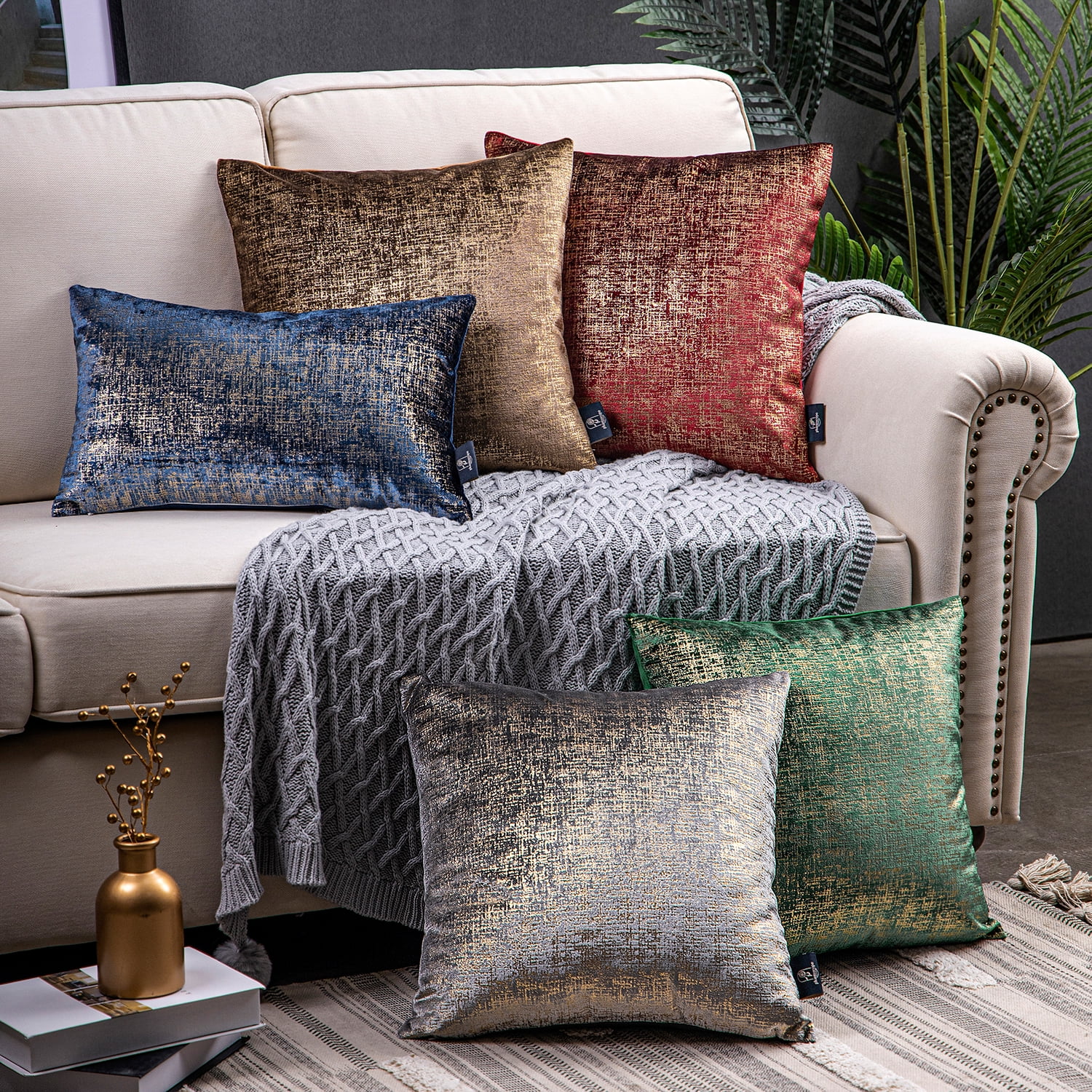Phantoscope Bronzing Gold Foil Printed Cut Pile Velvet with Gilding Metallic Shiny Decorative Throw Pillow, 12" x 20", Coffee Gold, 2 Pack