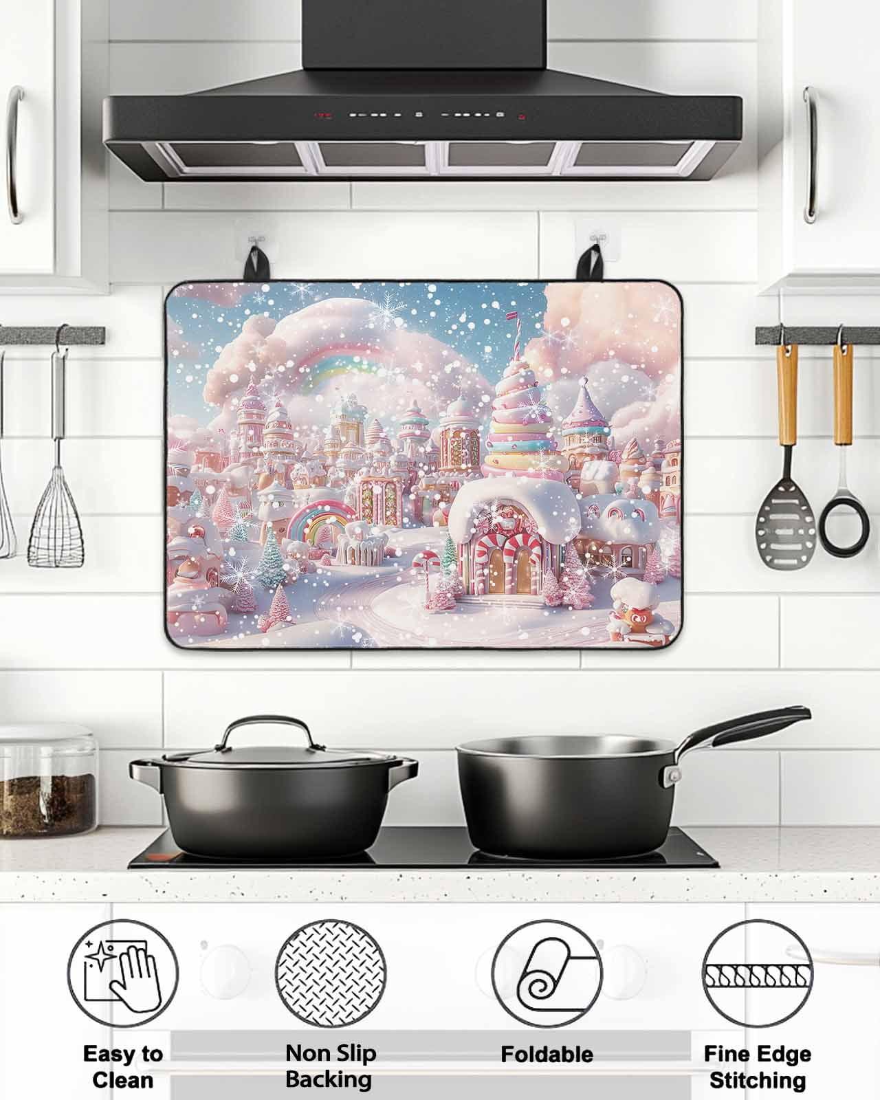 Merry Christmas Stove Top Covers for Electric Stove, 36'x21'' Gnome Elves on Retro Wooden Board Glass Ceramic Stove Cover Foldable Rubber Mat Heat Resistant Cooktop Protector for Kitchen