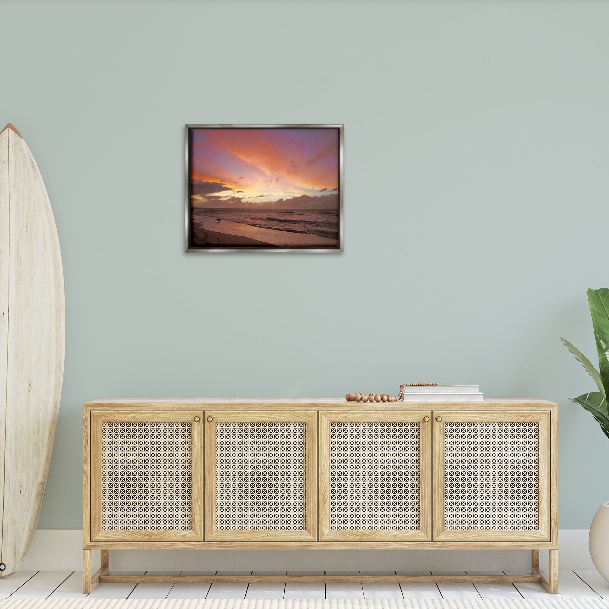 Stupell Industries Surfing Beach Waves at Sunset Nature Photography Gray Floater Framed Canvas Art Print Wall Art, 31 x 25