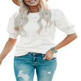 thumbnail image 1 of QJUHUNG Women Short Puff Sleeve Sweaters Loose Lightweight Pointelle Knit Pullover Tops, 1 of 5