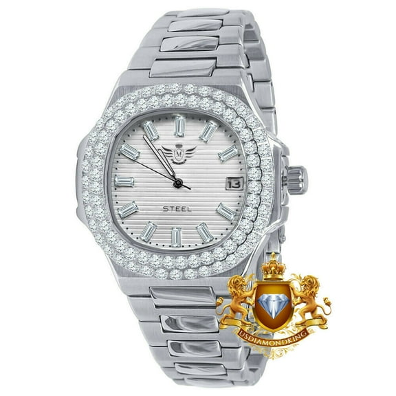 Men's Solid Steel 18K White Gold Finish Simulated Diamond 36mm Watch With Date