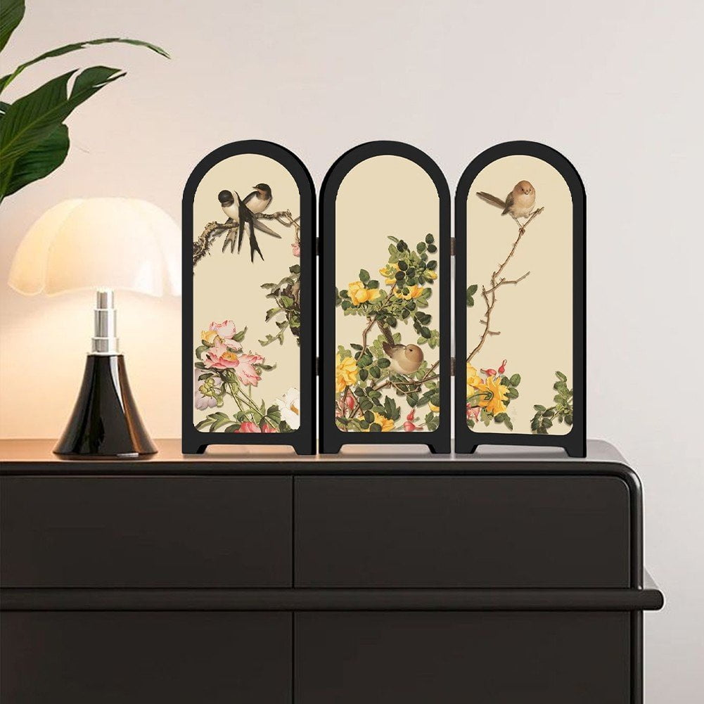 Jiibva Mini Folding Screen, 3 Panel Divider, Chinese Style Vintage Desktop Folding Screen Feng Shui Ornaments for Home Office New Year Decoration