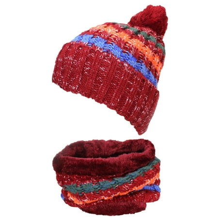 Best Winter Hats Adult Rib Knit Striped Beanie & Neck Warmer Set, Faux Fur Liner -