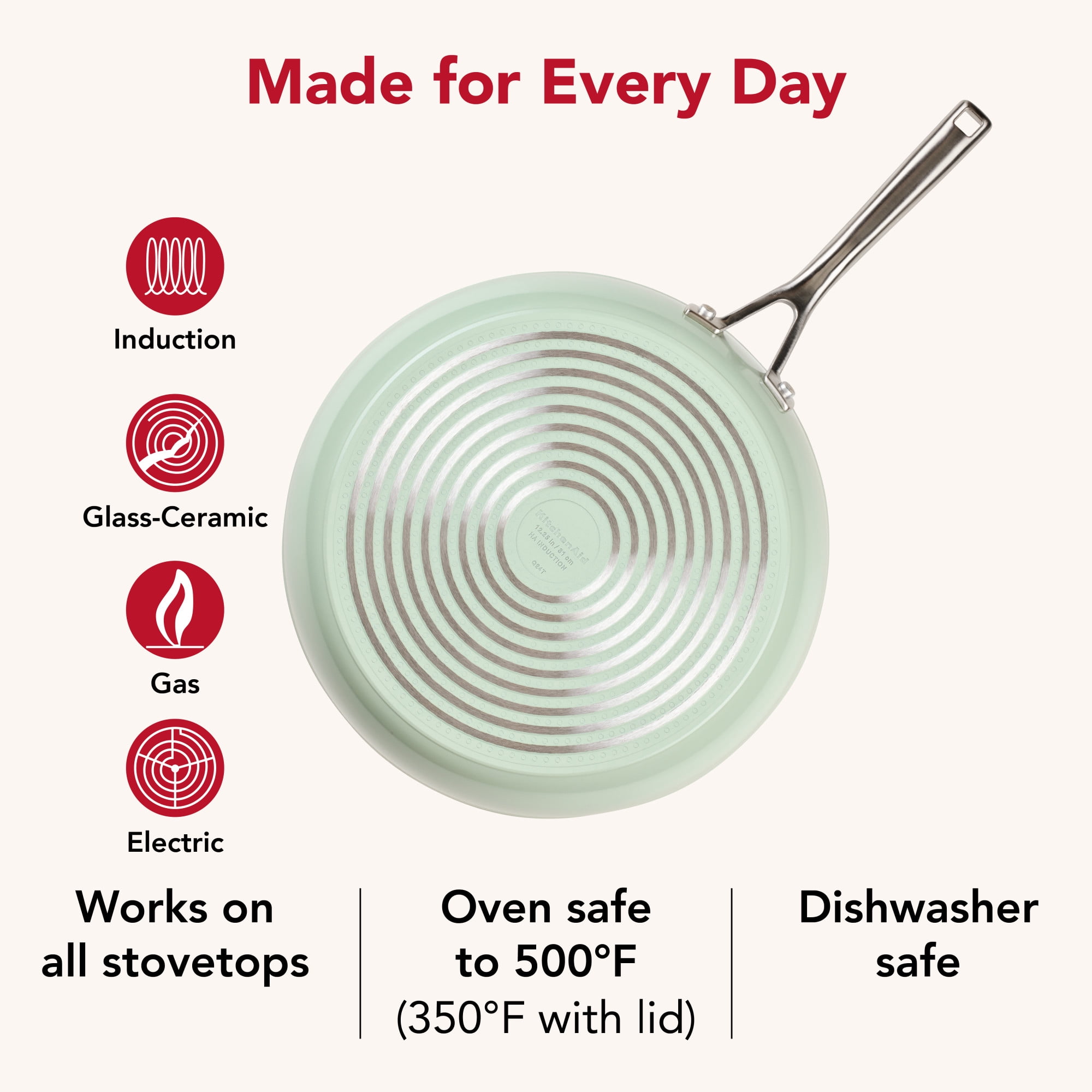KitchenAid Hard-Anodized 12.25 Inch Ceramic Induction Skillet with Lid, Dishwasher Safe and Oven Safe to 500°F, Pistachio