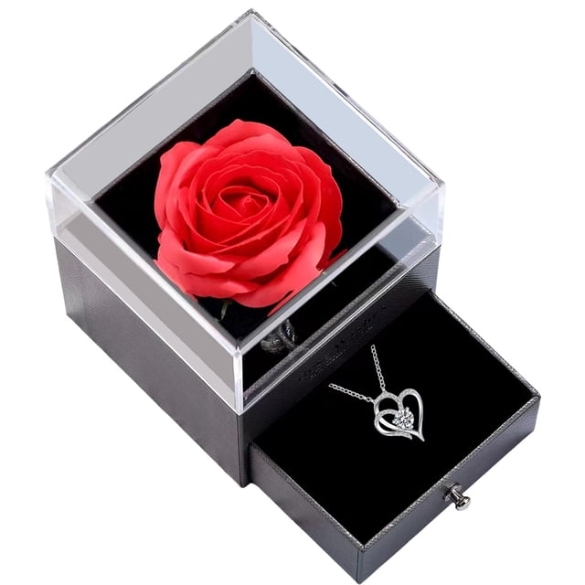 Preserved Red Rose with Heart Necklace, Gifts for Mom Wife Women Sister Grandma Girlfriend Her, Mothers Gifts Day from Daughter Son Birthday Christmas Valentines Day