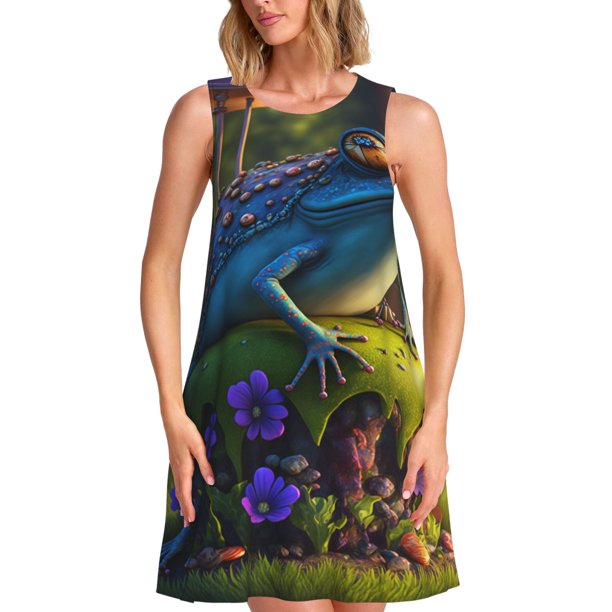 Balery Cute Blue Frog Vestidos de verano para mujer con estampado: vestido holgado sin mangas, vestido playero informal y cómodo para días calurosos.