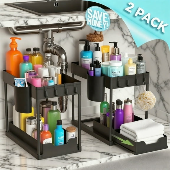 2-Pack Under Sink Organizer, 2 Tier Sliding Under Sink Storage, For Bathroom & Kitchen