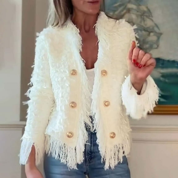 Pounoo Cropped Blazers for Women Long Sleeve Open Front Fringe Trim Jacket Work Office Women Fall Clothes