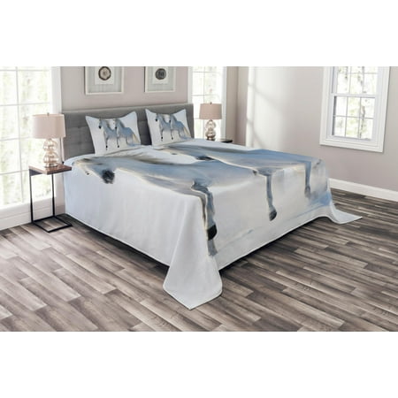 Equestrian Bedding - Winter Bedspread Set, Galloping Noble Horses on Snow Covered Field Purity Symbols Animals Equestrian Theme, Decorative Quilted Coverlet Set with Pillow Shams Included, White, by Ambesonne