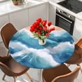 thumbnail image 2 of Abstract Waves Round Fitted Table Cover Gradient Spray Orange Blue White Waterproof Table Cloth with Elastic Edge Wipeable Tablecloth for Picnic Camping Party Fits 55"-60" Diameter, 2 of 8