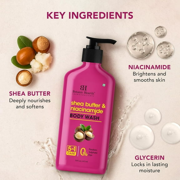 Botanic Hearth Shea Butter & Niacinamide Body Wash 16 fl oz | Nourishing & Renewing Formula | Deeply Hydrating Shower Gel for Soft, Smooth Skin | Paraben & Sulfate Free