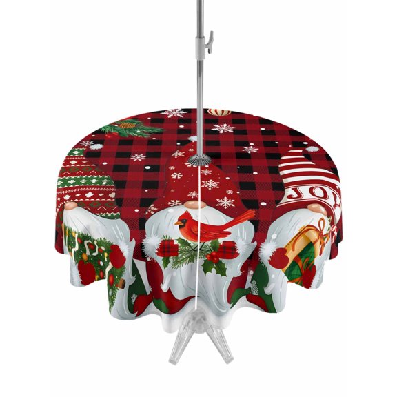 Outdoor Tablecloth with Umbrella Hole and Zipper, Christmas Gnomes Round Table Cloth 60 Inch Waterproof Tablecloth, Buffalo Plaid Joy Pine Branch Cardinal Birds Picnic Table Cover for Patio Camping