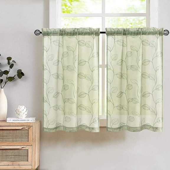 Curtainking Rod Pocket Kitchen Curtains 26x24 inch Leaf Embroidered Window Curtains Sheer Cafe Curtains 2 Panels Sage