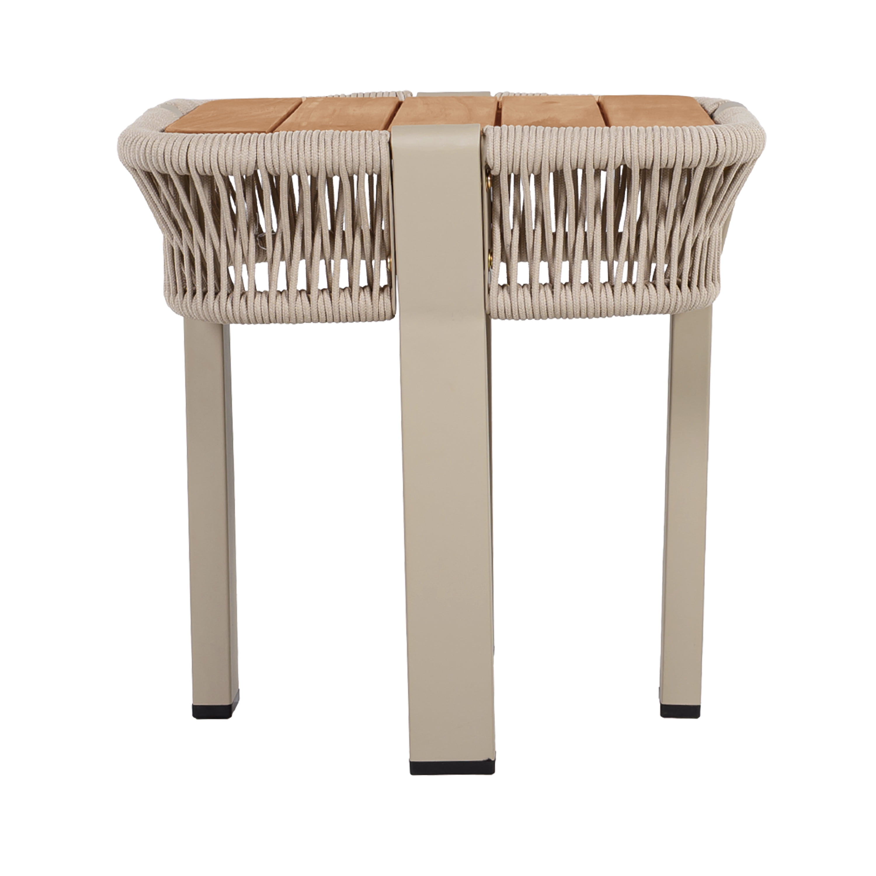 Outdoor Side Table 18.11 Inch, Acacia Wood Top with Beige Rope and Metal Frame for Patio Balcony, Teak and Beige