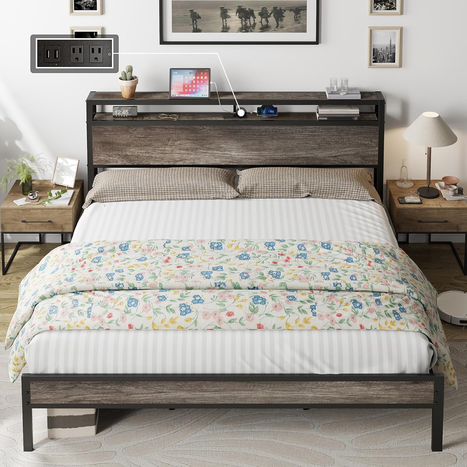 Merluxy King Size Bed Frame Industrial Platform Bed with Charging Station, 2-Tier Storage Headboard/ No Box Spring Needed/ Noise-Free/ Rustic Gray