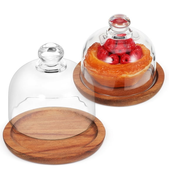 GAXIRE Brown Acacia Wood Butter Dishes with Glass Dome Cover for Kitchen Use 2 Pcs