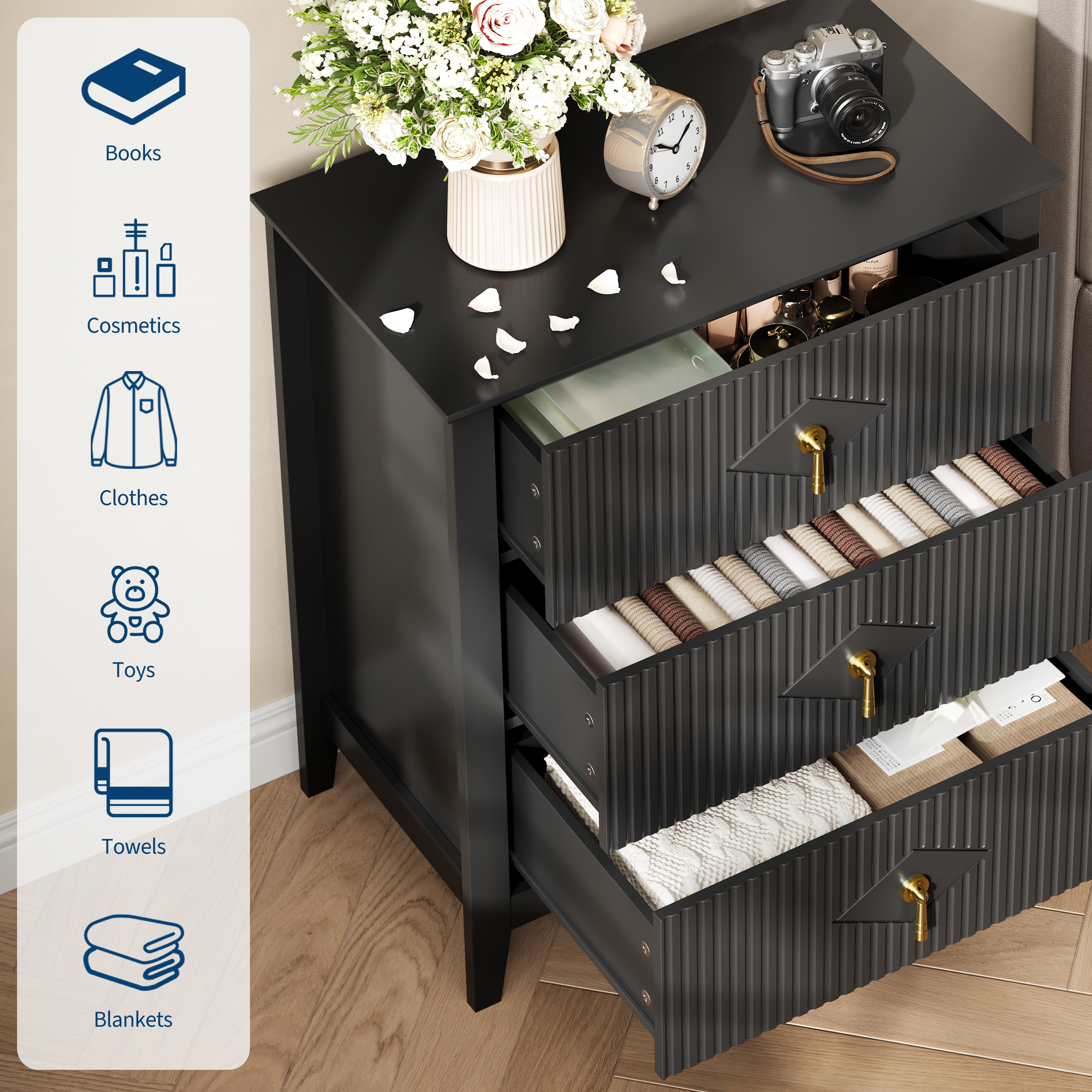 Black Fluted Dresser for Bedroom, 32 Inch Wide Nightstand with Large Drawer, 3 Drawer End Table for Bedroom, Living Rooms, Offices, and Entryways