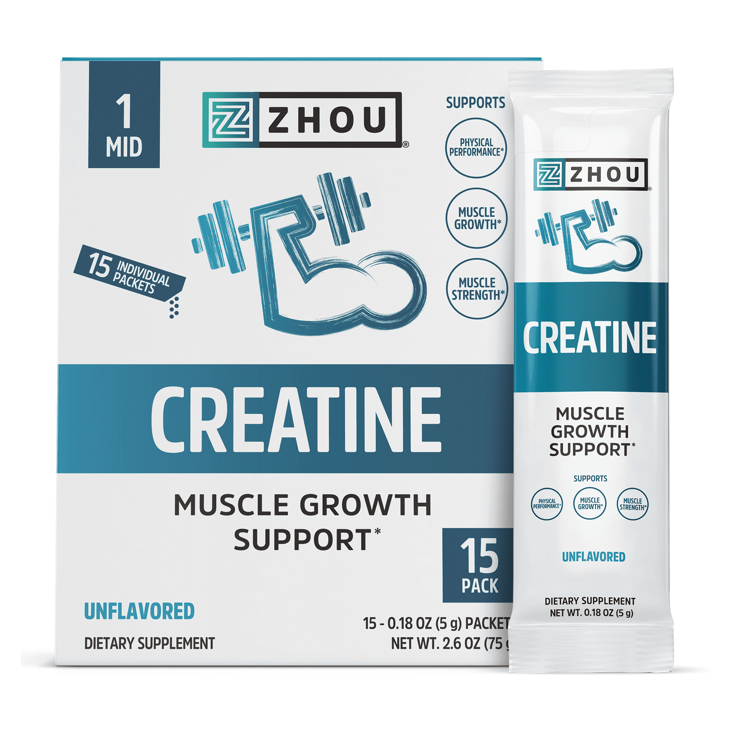 ZHOU Creatine Stick Packs - Unflavored - Creatine Supplement for Women & Men, Muscle Growth and Strength Support - 15 Count Pack