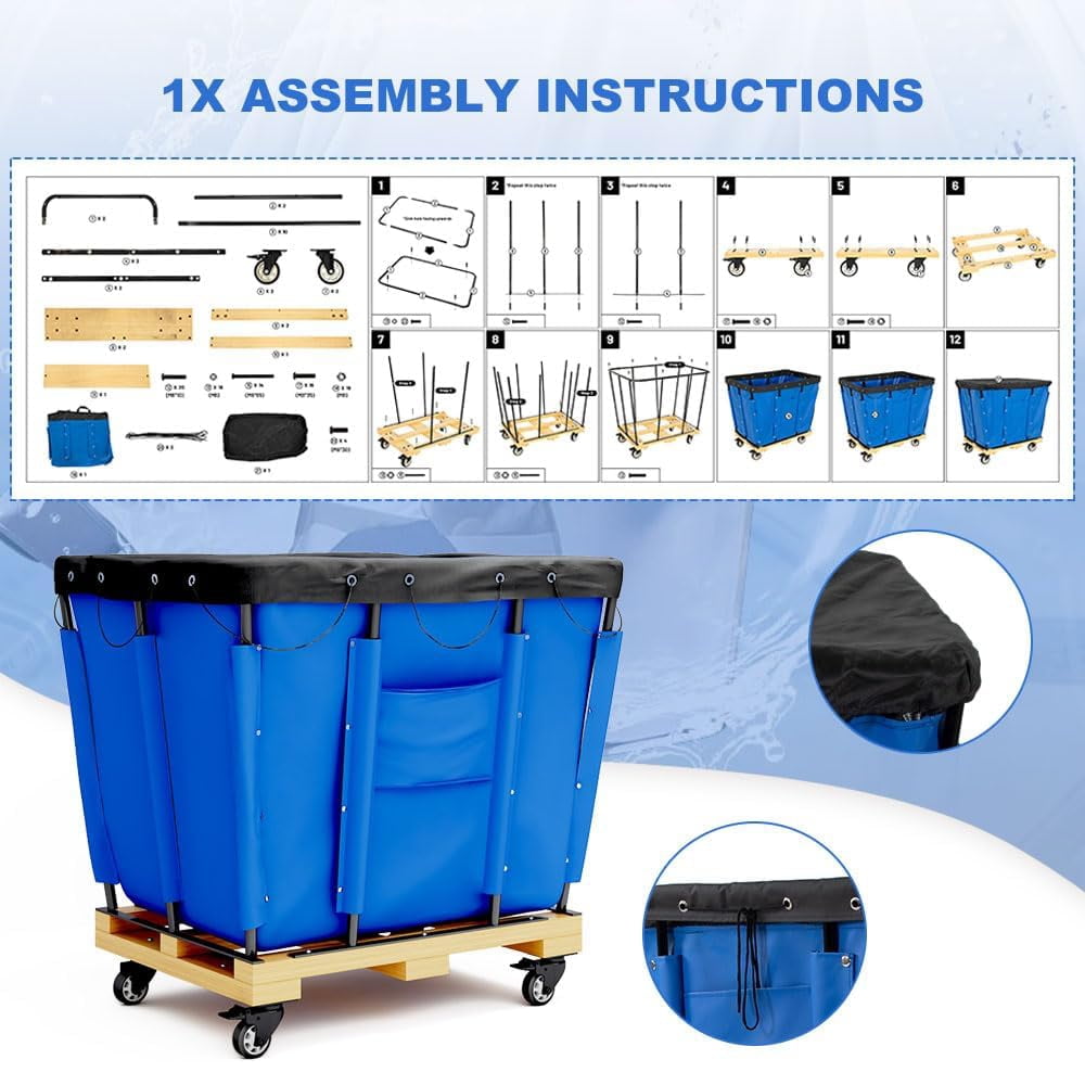 Yeeoy 8 Bushel Blue Vinyl Basket Bulk Truck, Laundry Basket with Wheels, Steel Laundry Cart Storage Trolley Hamper for Hotel Home Hospital, 34"L x 22"W x 30-1/2"H