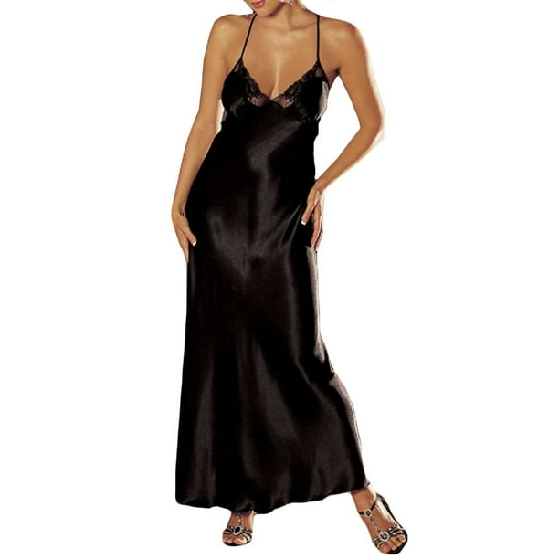 Lencería Sexy Gibobby vestido de mujer satén Ropa interior larga color Negro M