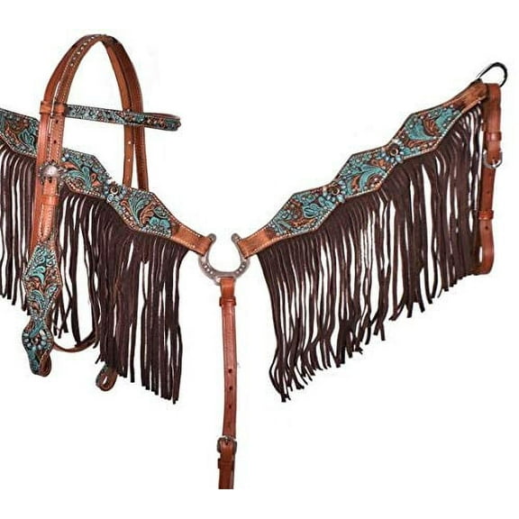 Showman Turquoise & Brown Floral Tooled Headstall & Breast Collar Set w/ Reins