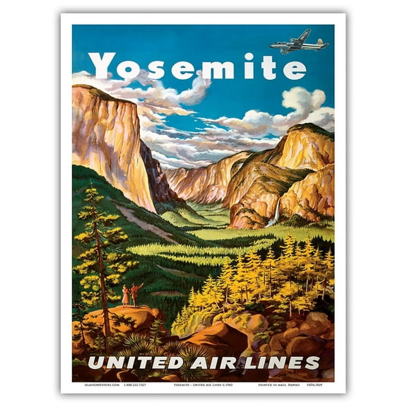 Yosemite - United Air Lines - Yosemite Falls and Yosemite National Park - Vintage Airline Travel Poster by Joseph Fehér c.1945 - Master Art Print (Unframed) 9in x 12in