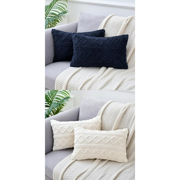 NOMADIC NOOK 4 Pcs Short Plush Throw Pillow Covers Decorative Cushion Covers for Sofa White/Dark Blue 12" x 20"