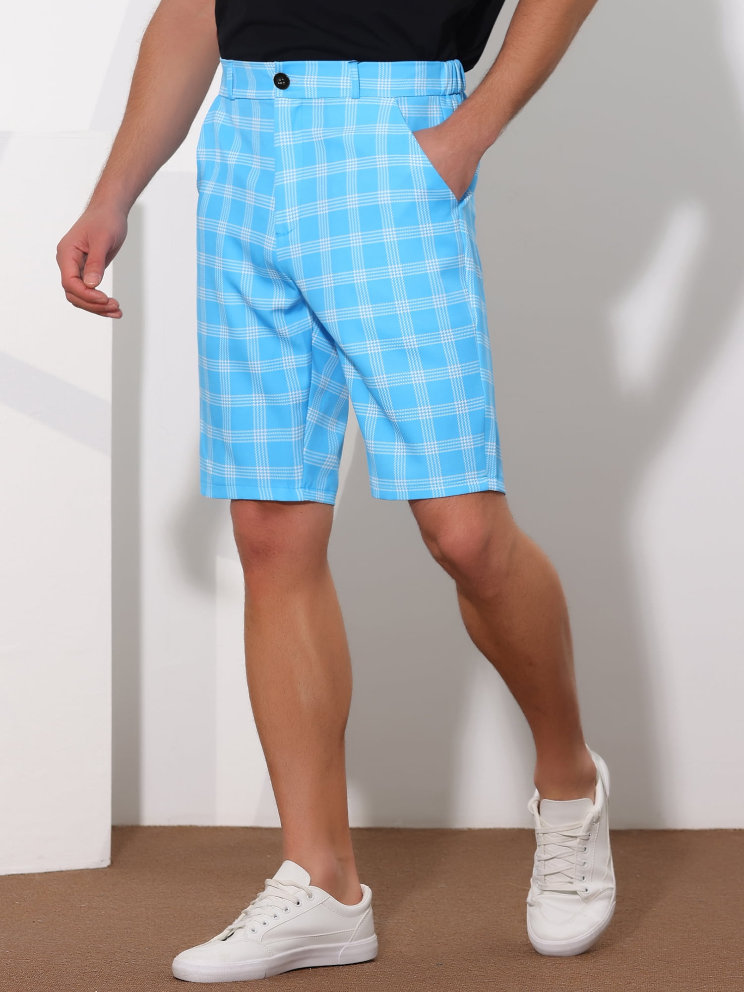 Unique Bargains Men's Plaid Shorts Flat Front Color Block Checked Shorts with Pockets 28 Blue