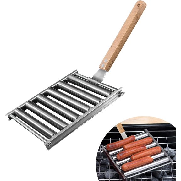Fymlhomi Hot Dog Roller for Girll,Sausage Roller Stainless Steel Rack with Extra Long Wood Handle,BBQ Hot Dog Girller for Evenly Cooked Hot Dog,5 Hot Dog Capacity