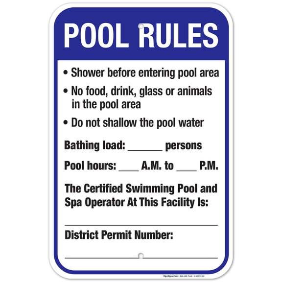 District Of Columbia Pool Rules Sign, Complies With District Of Columbia Pool Safety Code, (SI-62038) 12x18 Aluminum