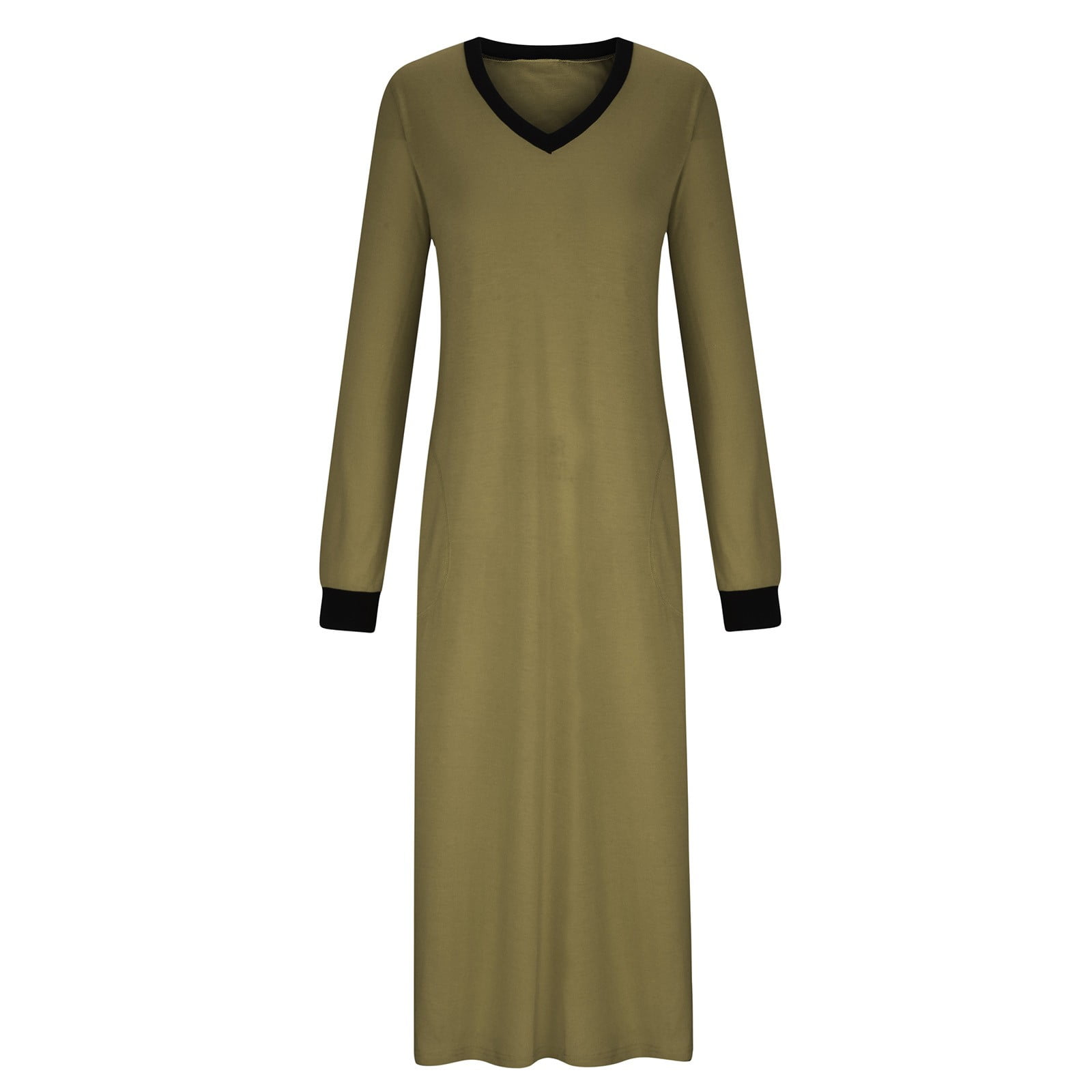 BiZtdJrK Women's Nightshirt Long Sleeve Nightgown Solid Casual V Neck Sleepwear Full Length Pajama Dress with Pockets Soft Loungewear Army Green M