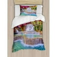 thumbnail image 3 of Waterfall King Size Duvet Cover Set, Rain Forest in Vietnam Laos with South Asian Pink and Orange Trees side of River Image, Decorative 3 Piece Bedding Set with 2 Pillow Shams, Blue, by Ambesonne, 3 of 3