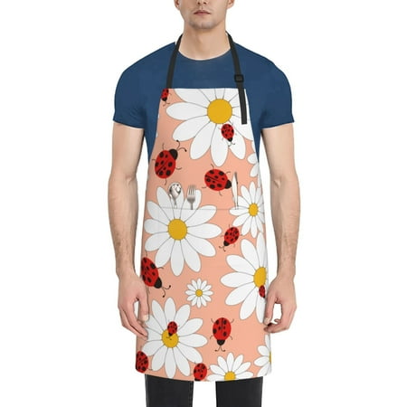 

Lukts Daisy and Ladybug Pattern Kitchen Cooking Aprons Adjustable Bib Soft Chef Apron with 2 Pockets for Men Women