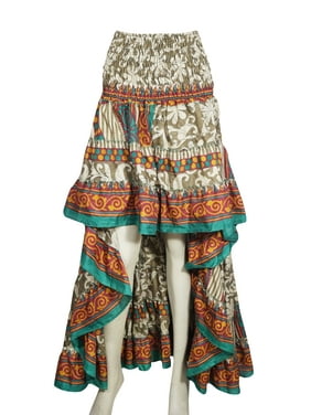 Mogul Women Hi Low Skirt Printed Dancing Recycled Sari Elastic High Waist Ruffle Skirts S/M