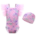 thumbnail image 2 of Girls Mermaid Swimuit One Piece Bathing Suits Fish Scale Ruffles Swimwear with Swimming Cap, 2 of 7