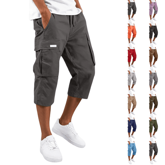Mens 3/4 Length Cargo Capri Pants Drawstring Elastic Waist Summer Lightweight Casual Outdoor Hiking Athletic Cropped Trousers Dark Gray S