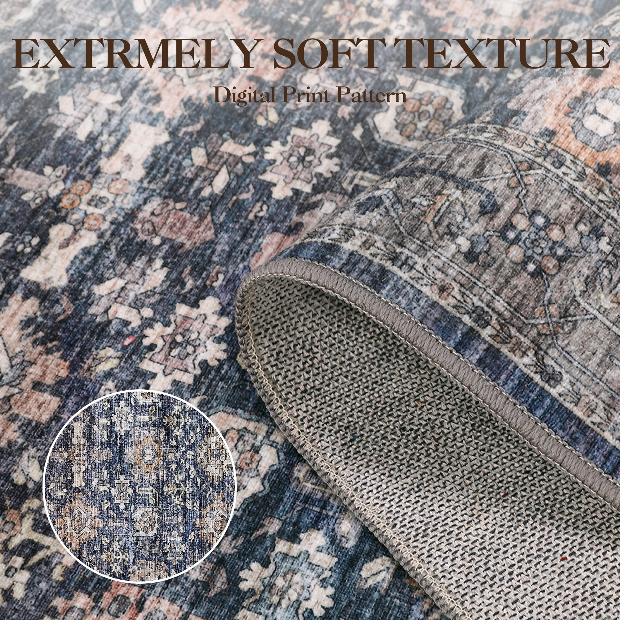 FairOnly 9'x12' Blue Boho Floral Area Rugs for Living Room Low Pile Non Shedding Rugs for Family Room Nursery Carpet