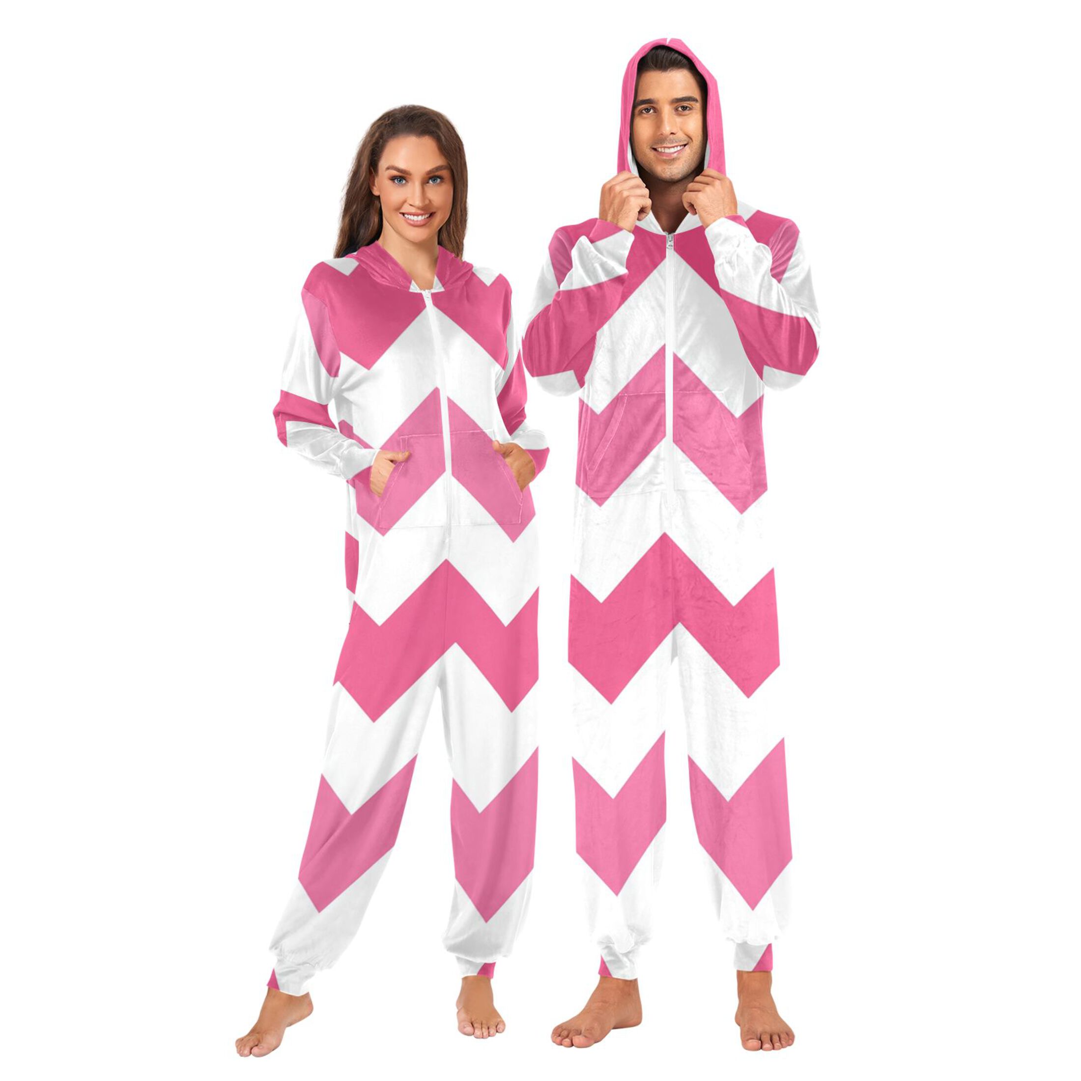 Pinkish V-shaped Lines Adult's Hoodie Onesie Jumpsuit One-Piece Pajamas with Zipper Unisex for Holiday M