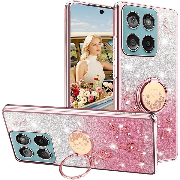 wonima11 for Motorola Edge 60 Fusion Case with Ring Kickstand, Bling Sparkle Diamond Flowers Floral Glitter Design Clear Soft TPU Silicone Cover for Moto Edge 60 Fusion HSF-Pink