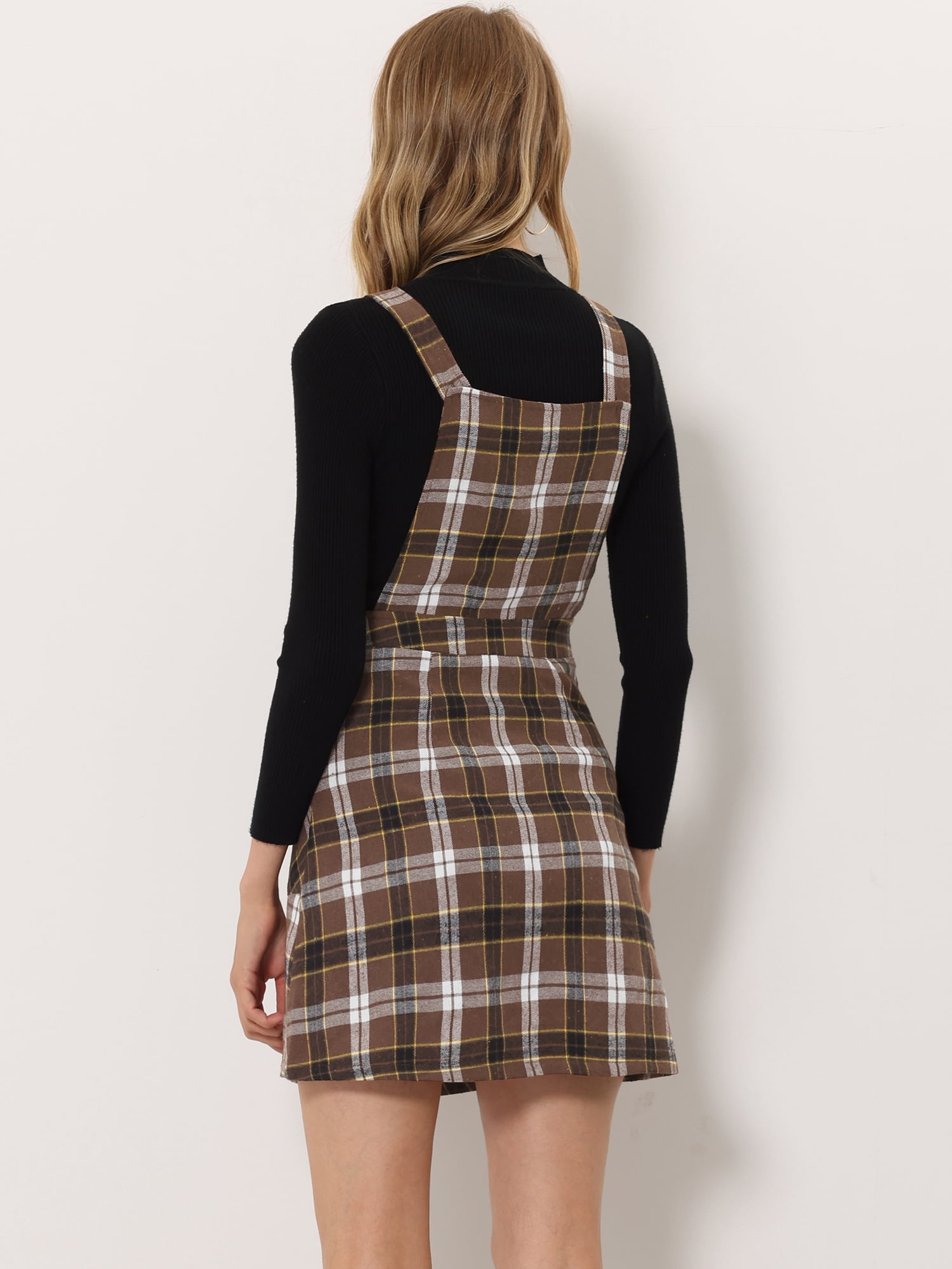DARING DIVA Tartan Print Button Decor A-Line Pinafore Overall Dress XL Deep Brown
