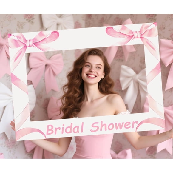 LaVenty Pink Bridal Shower Party Photo Booth Props Frame Tie The Knot Decor Pink Bow Banner Garland Coquette Hen Bride To Be Bachelorette Party Decorations