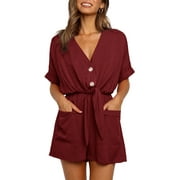Women V-Neck Button Rompers Knot Tie Short Sleeve Loose Playsuit Jumpsuit With Pockets