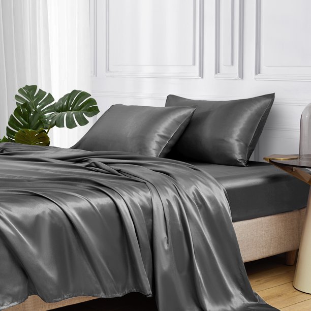 MR&HM Satin Bed Sheets, 3 Pcs Silky Bedding Set, Twin XL, Dark Grey