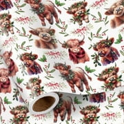 Christmas Cow Wrapping Paper Roll, Mini Roll, Cute Highland Cow with Wreath & Scarf, Floral and Greenery, Gift Wrap for Kids, Women, Family, Farmhouse Style Xmas Gifts, 17 Inches x 16.4 Feet