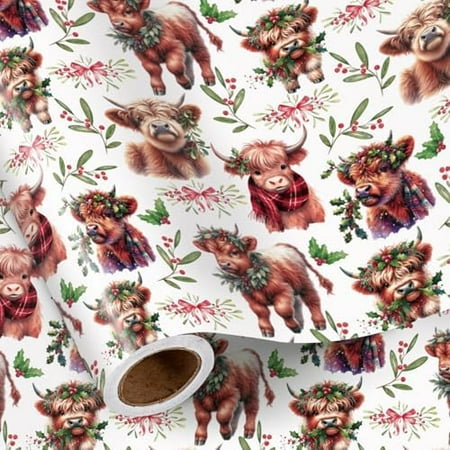 Christmas Cow Wrapping Paper Roll, Mini Roll, Cute Highland Cow with Wreath & Scarf, Floral and Greenery, Gift Wrap for Kids, Women, Family, Farmhouse Style Xmas Gifts, 17 Inches x 16.4 Feet
