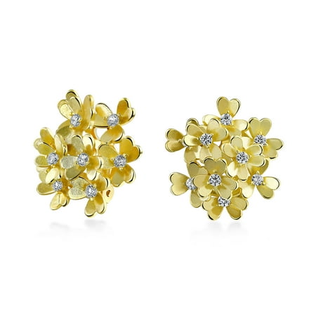 Gold Plated Flower Necklace Earrings CZ Floral Cubic Zirconia Bouquet Of Flower Clip On Earrings For Women Non Pierced Ears Silver Rose Or Gold Plated Brass ()